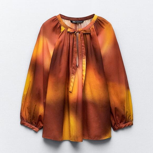 Zara Tie Dye Print Oversized Blouse with Tie in Orange - Picture 1 of 10